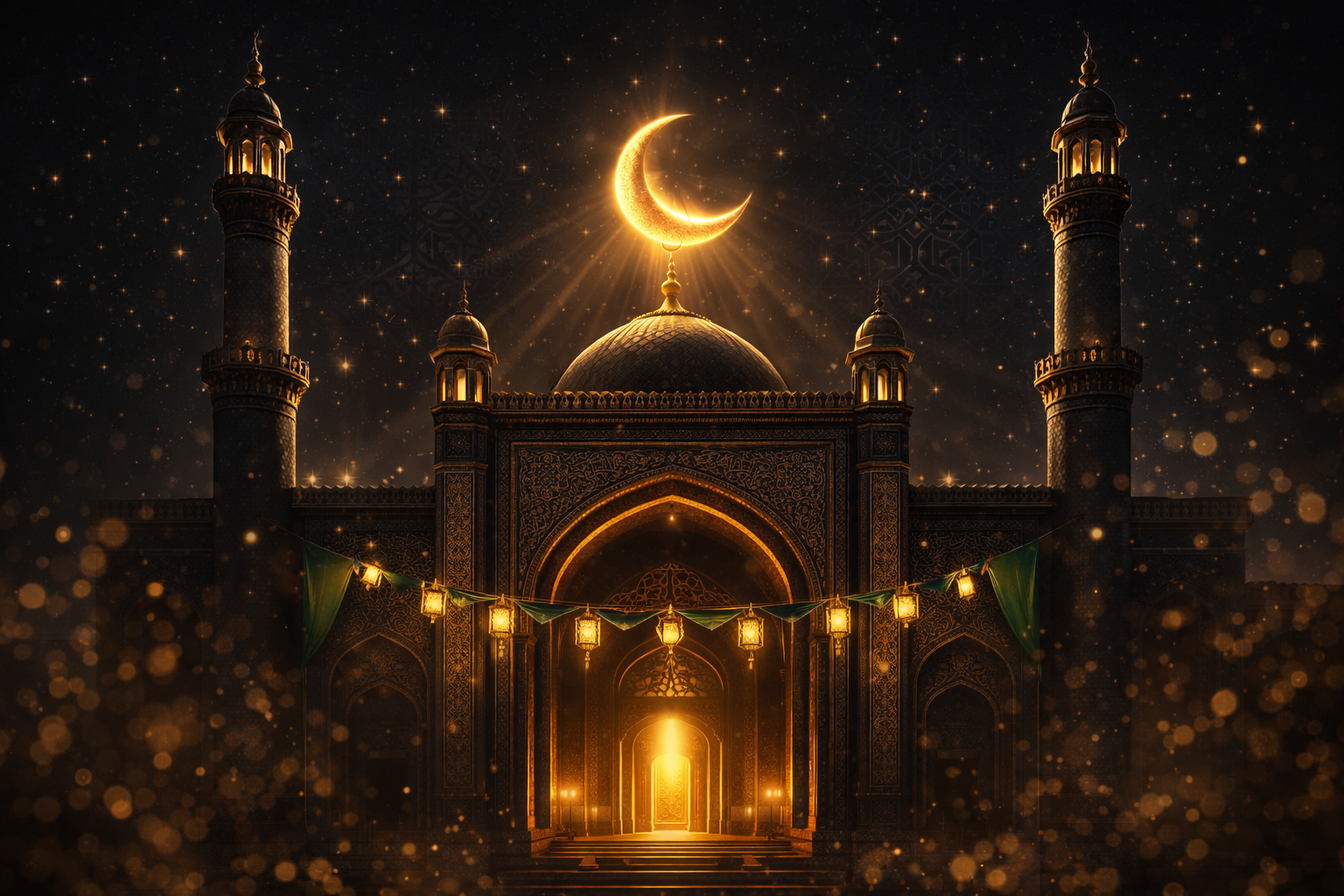 Magnificent mosque facade with grand archway and twin minarets in dark stone and gold accents, large golden crescent moon above dome, festive hanging lanterns and green banners, deep black sky -- HD Eid al-Adha wallpaper